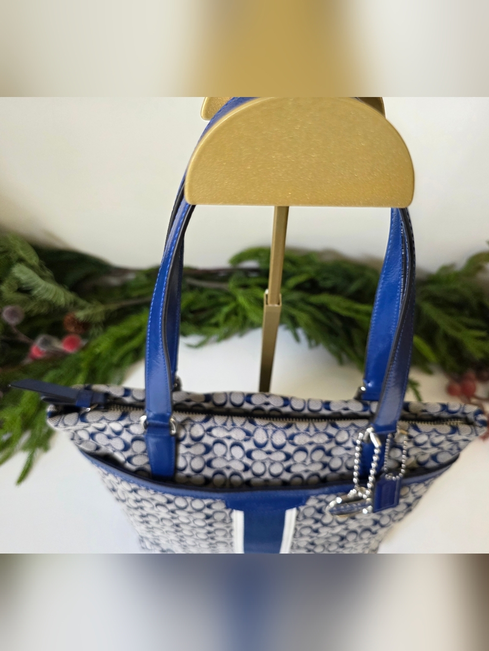 Coach Signature Stripe Tote Blue Jacquard Y2K Shoulder Bag - Picture 5 of 14